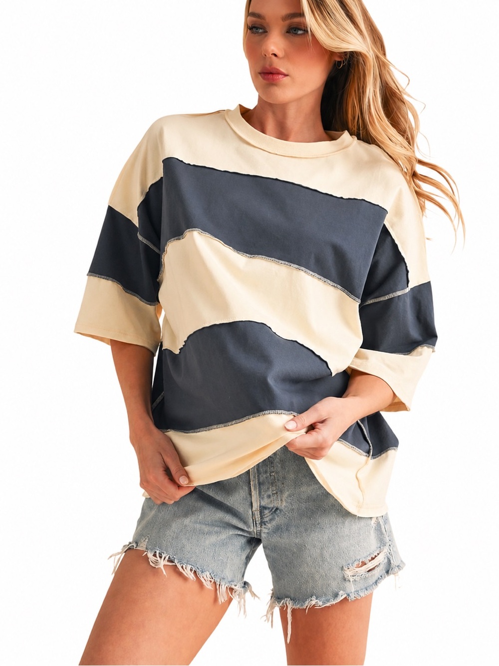 Striped Boxy Tee in Navy and Cream PineappleNavy